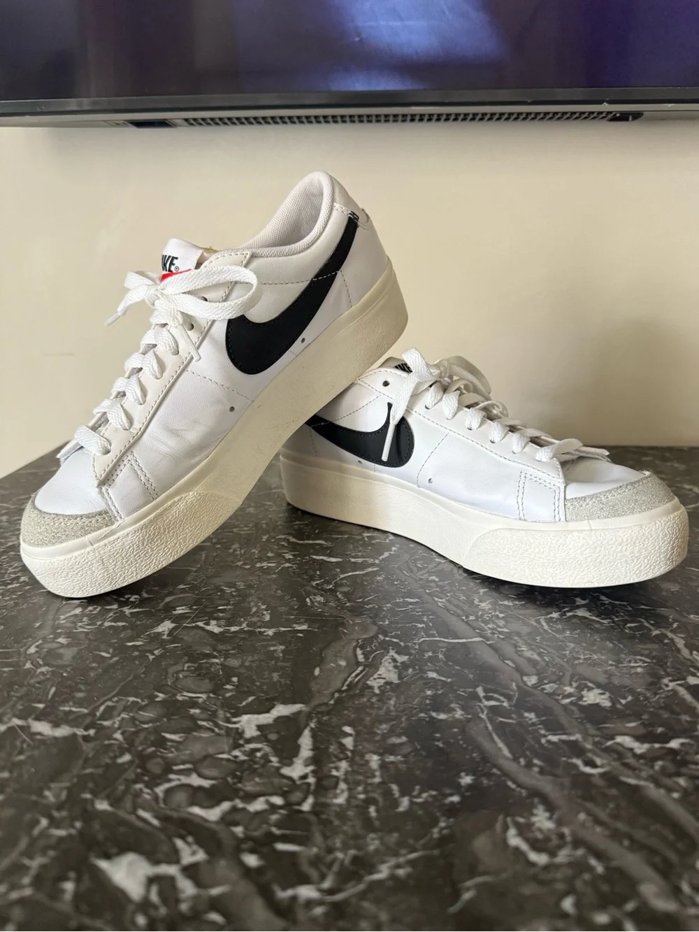 Nike White Leather Platform Sneakers with Black Swoosh